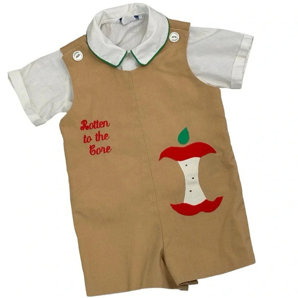 Vintage Boy’s Jon Jon School “Rotten to the Core” Apple Embroidered Romper - Picture 1 of 9